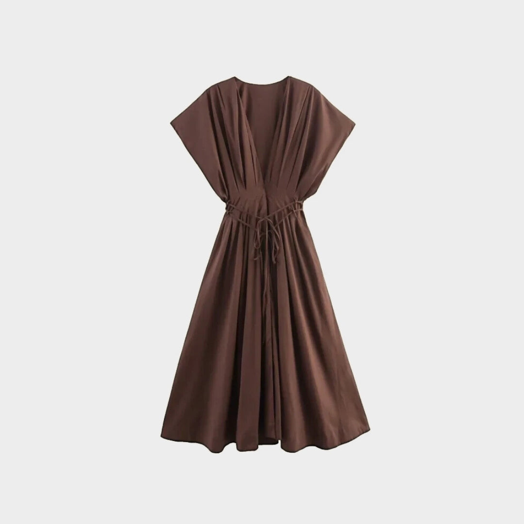 Midiklänning med omlottkänsla och resårmidja i vävt tyg