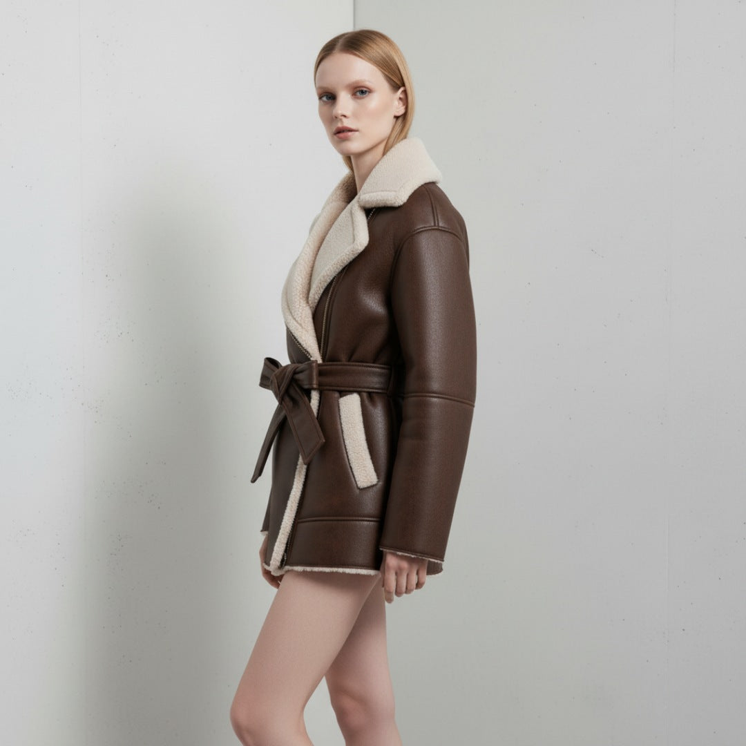 Brun jacka i fuskläder med fuskpälsfoder och knytskärp