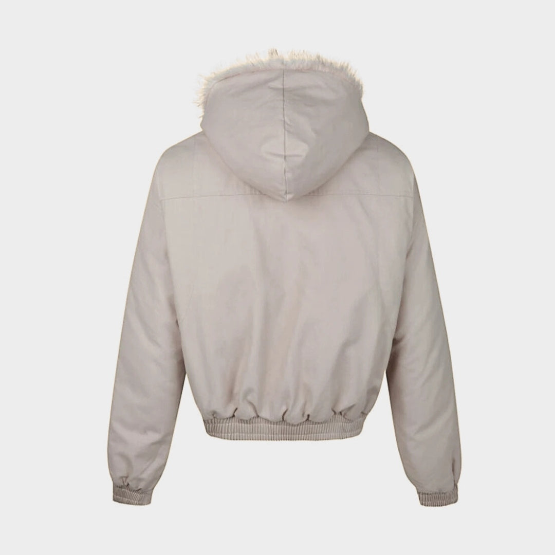 Jacka i bomberstil med huva fuskpälsfoder dragkedja och resårkant