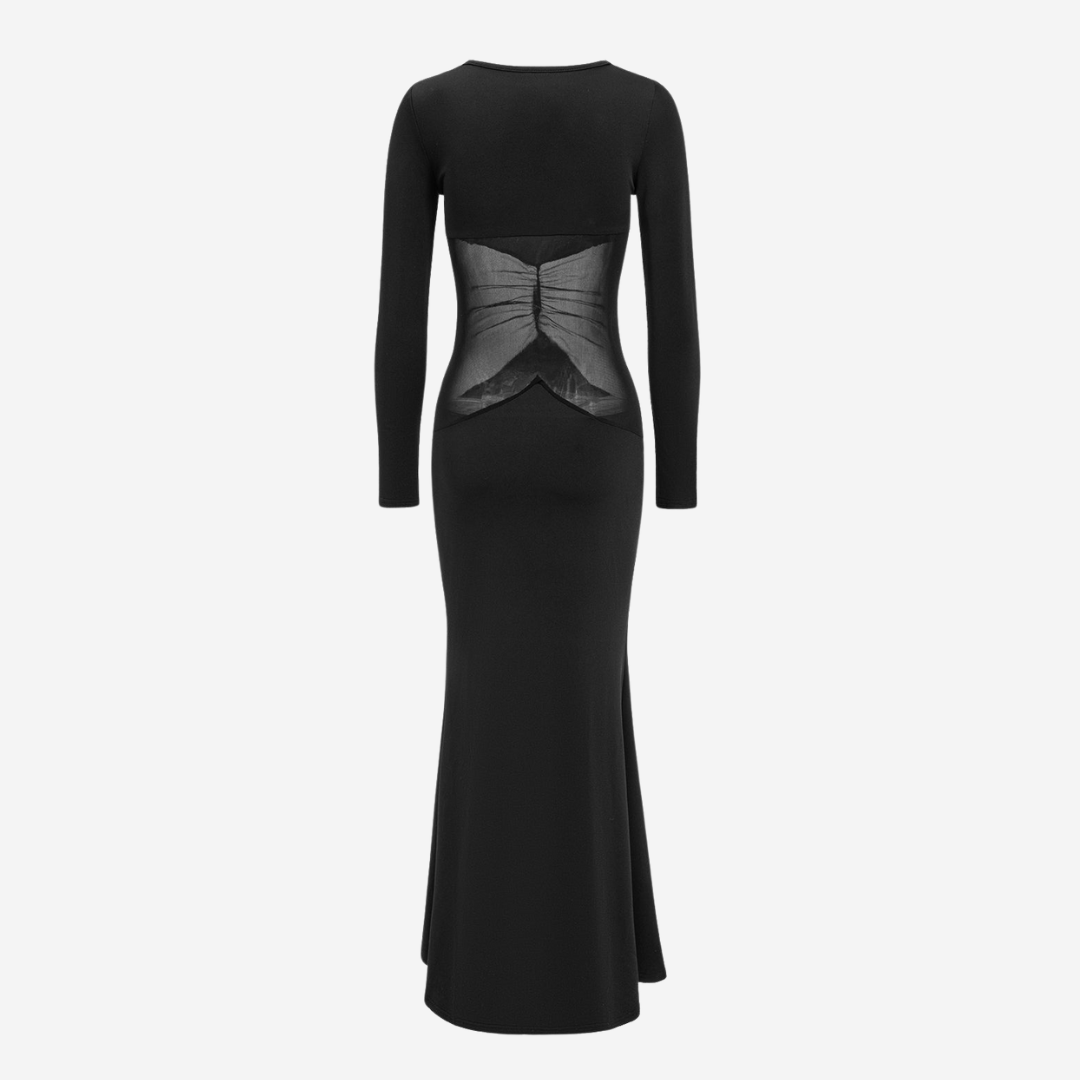 Lång svart aftonklänning i stretchjersey med transparent midjepanel i mesh och figurnära silhuett