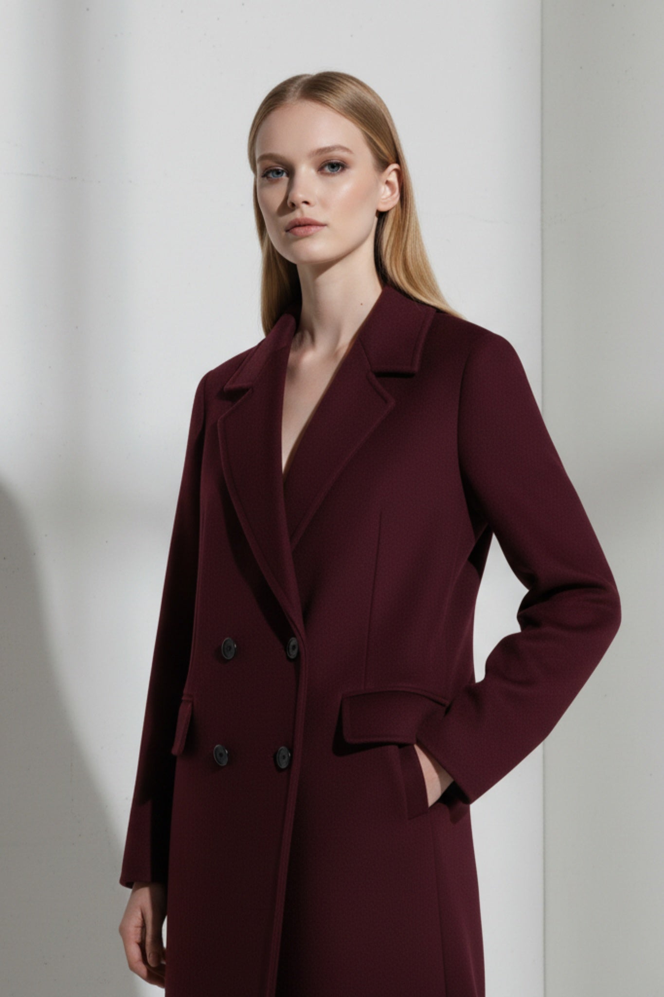 Lång ullblandad kappa i vinrött med dubbelknäppning