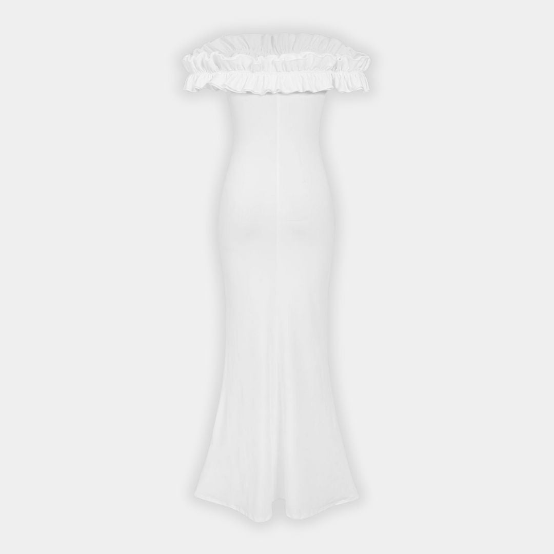 Axelbandslös maxiklänning i jersey med volang och smal passform