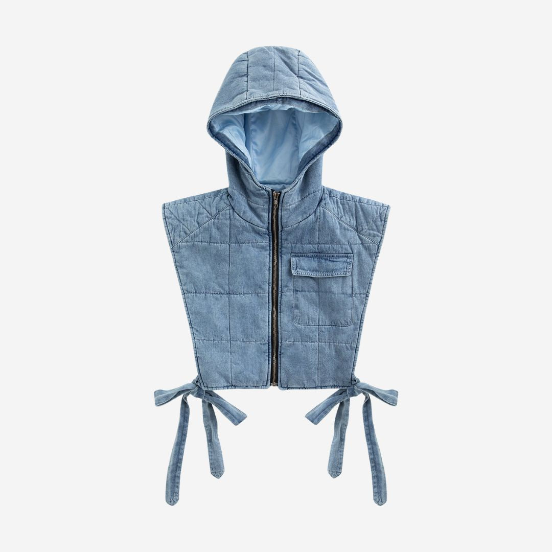 Ärmlös vadderad denimväst med huva och sidosnörning
