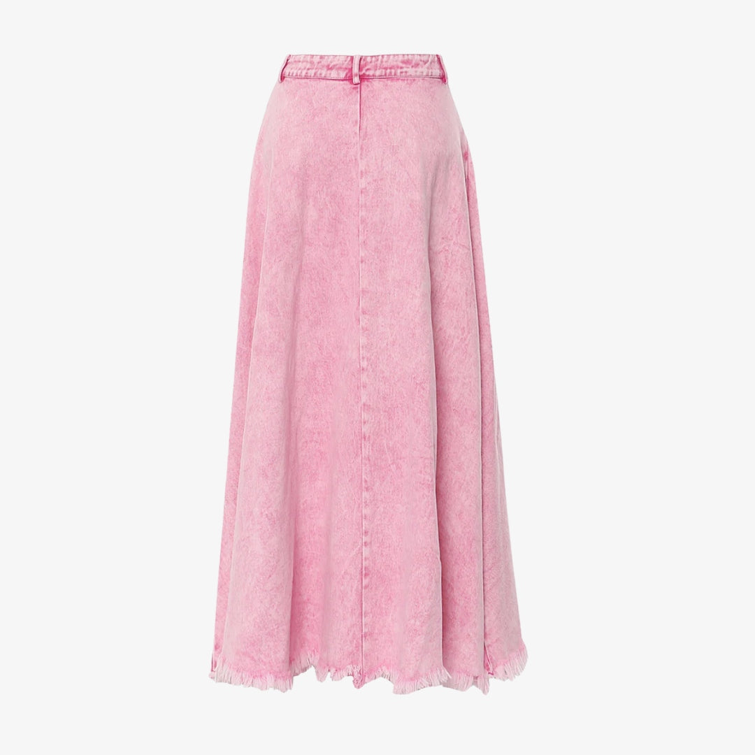 Rosa maxi-jeanskjol med råkant och vid A-linjeform