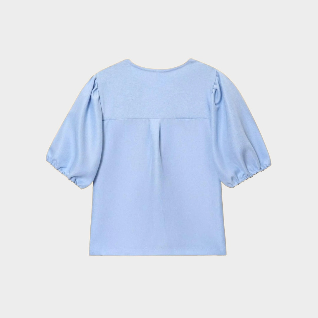 Blus med puffärm och knytband framtill i vävt tyg