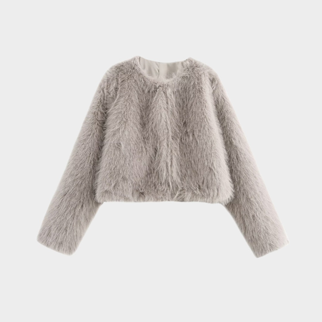 Kort Jacka i fuskpäls med rund hals och knäppning