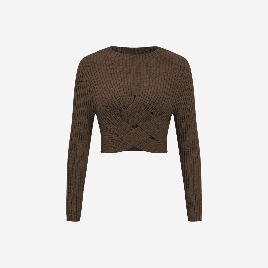 Korsad Ribbstickad Topp Långärmad Mjuk Bomull Detalj