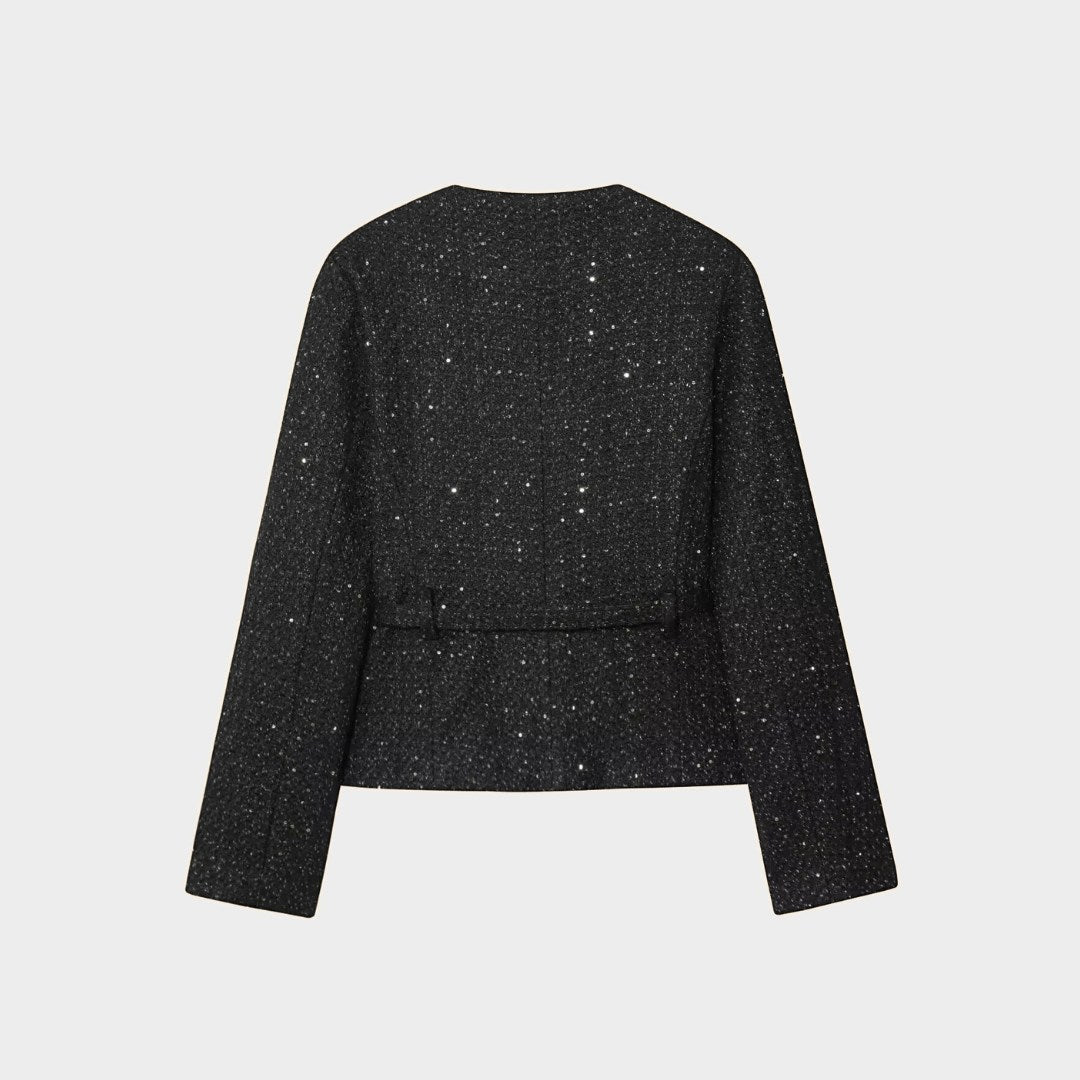 Jacka i tweedstil med rund hals paljettdetaljer och knäppning