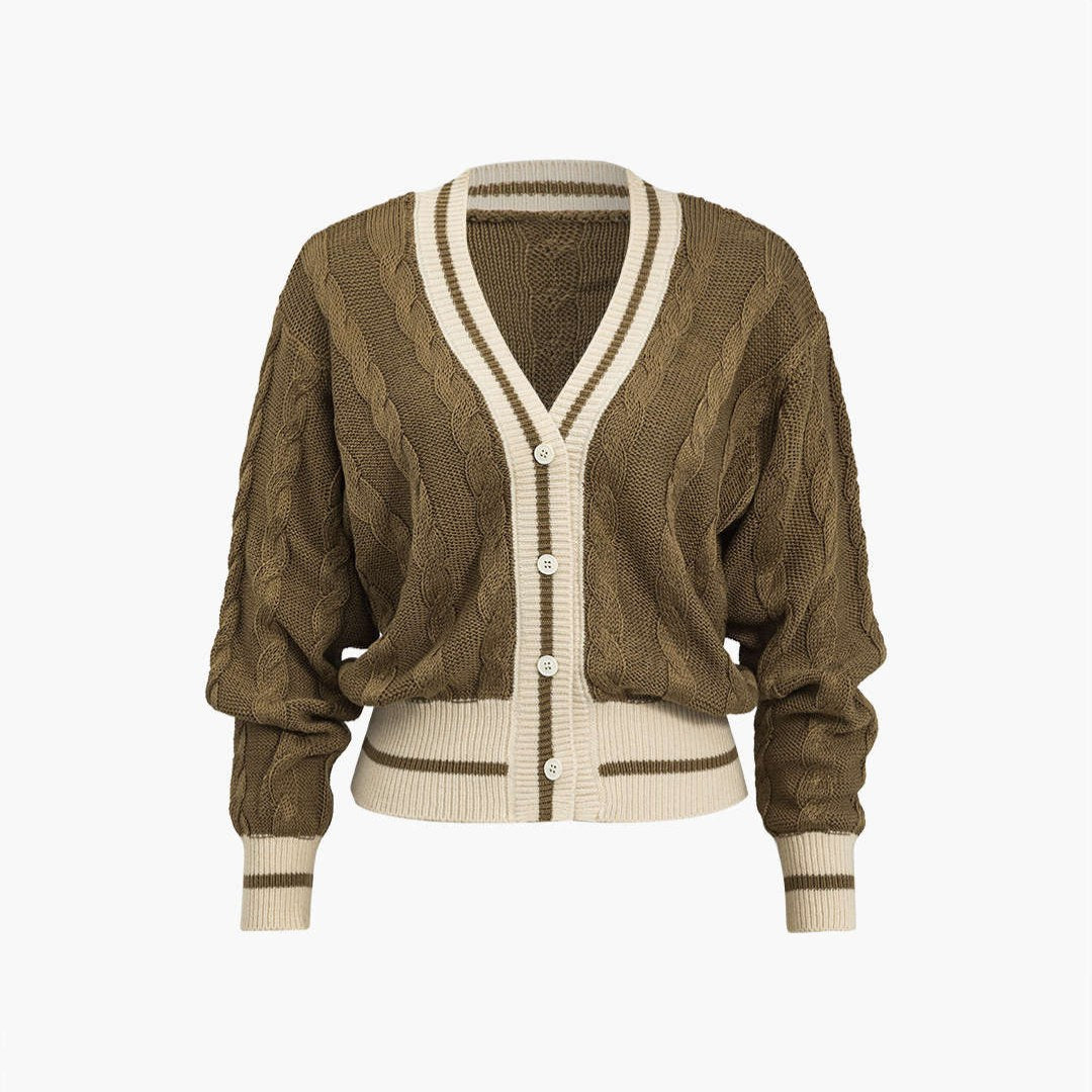 Stickad kofta kabelstickad färgblock V ringad cardigan