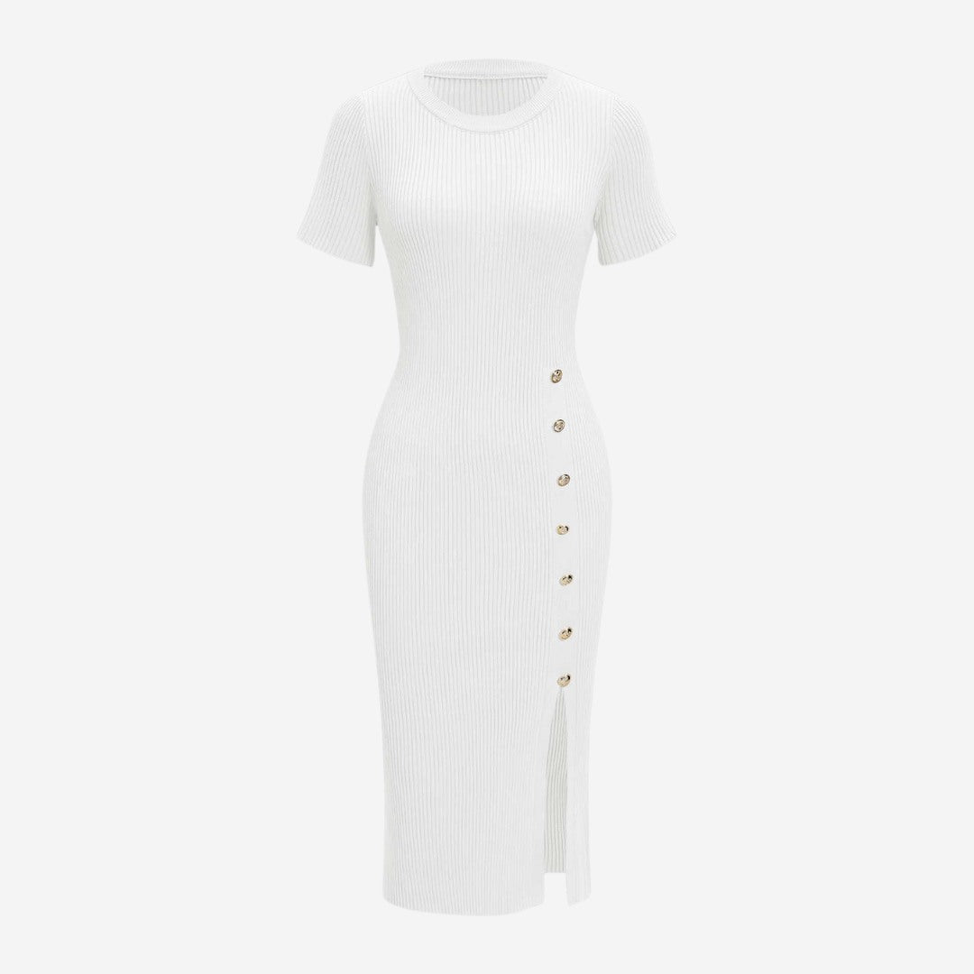 Stickad Asymmetrisk Klänning Med Midjaknappar Kort Ärmar