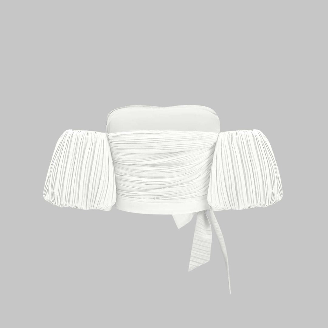 Plisserad axelbandslös topp med voluminösa ärmar och knytband i midjan