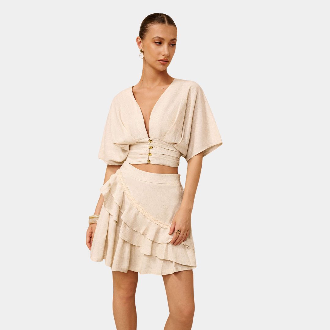 Kortärmad topp i linne med avslappnad passform och lätt struktur