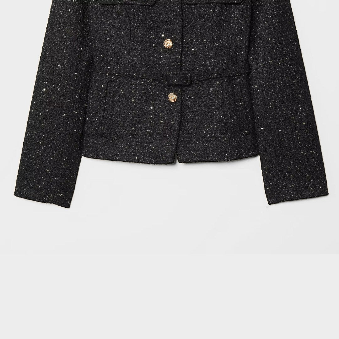Jacka i tweedstil med rund hals paljettdetaljer och knäppning