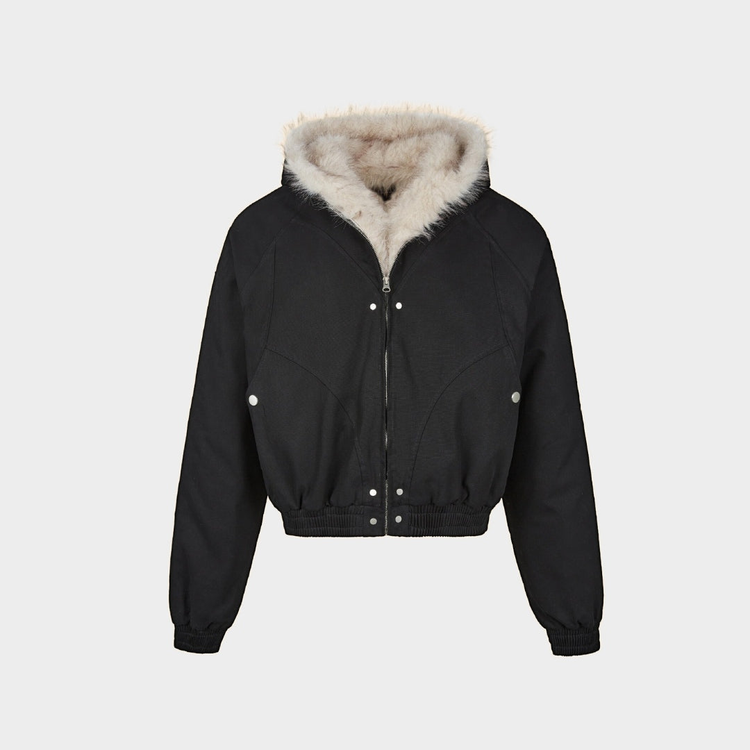 Jacka i bomberstil med huva fuskpälsfoder dragkedja och resårkant