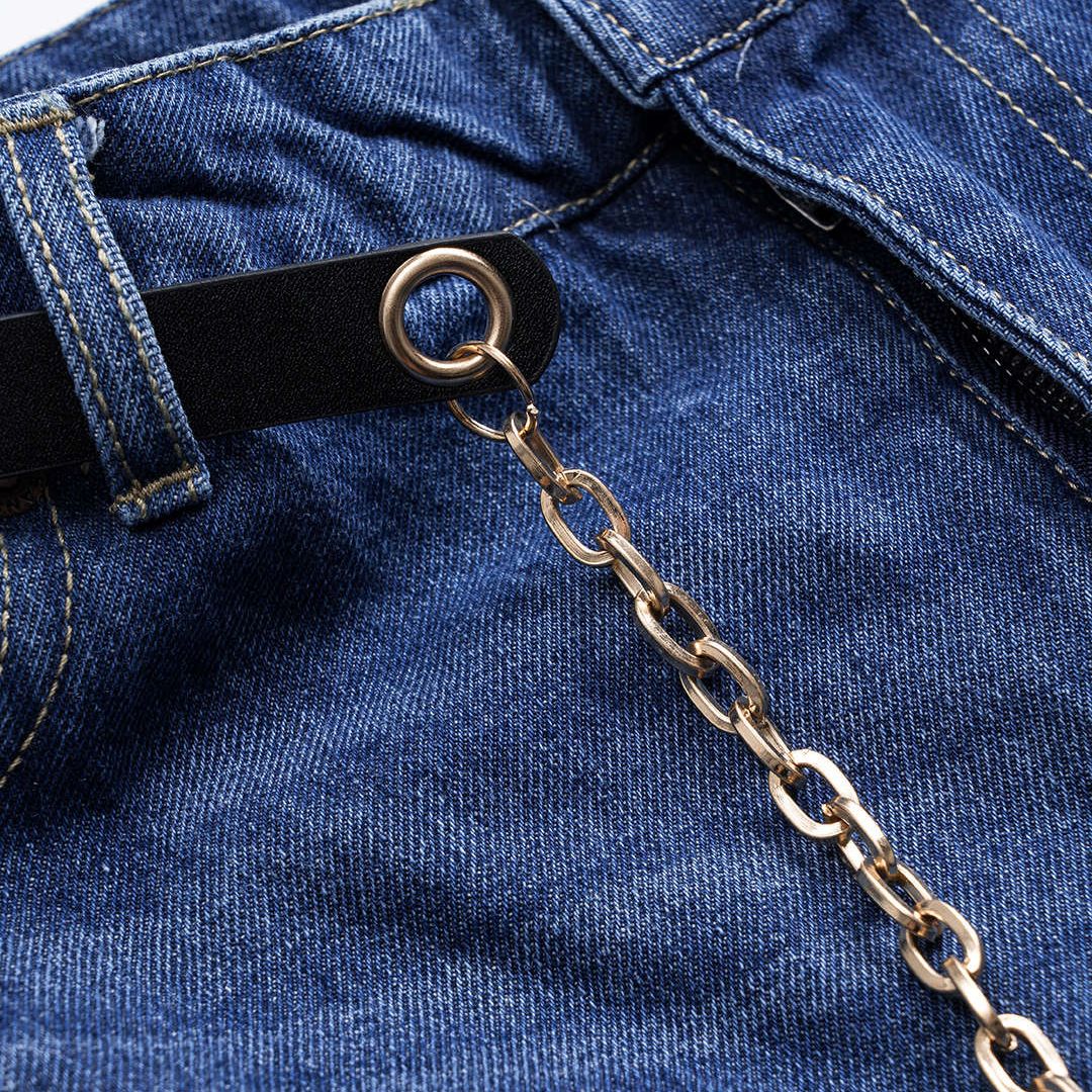 Djupblå jeans med bred passform, hög midja och avtagbart bälte med guldfärgad kedja