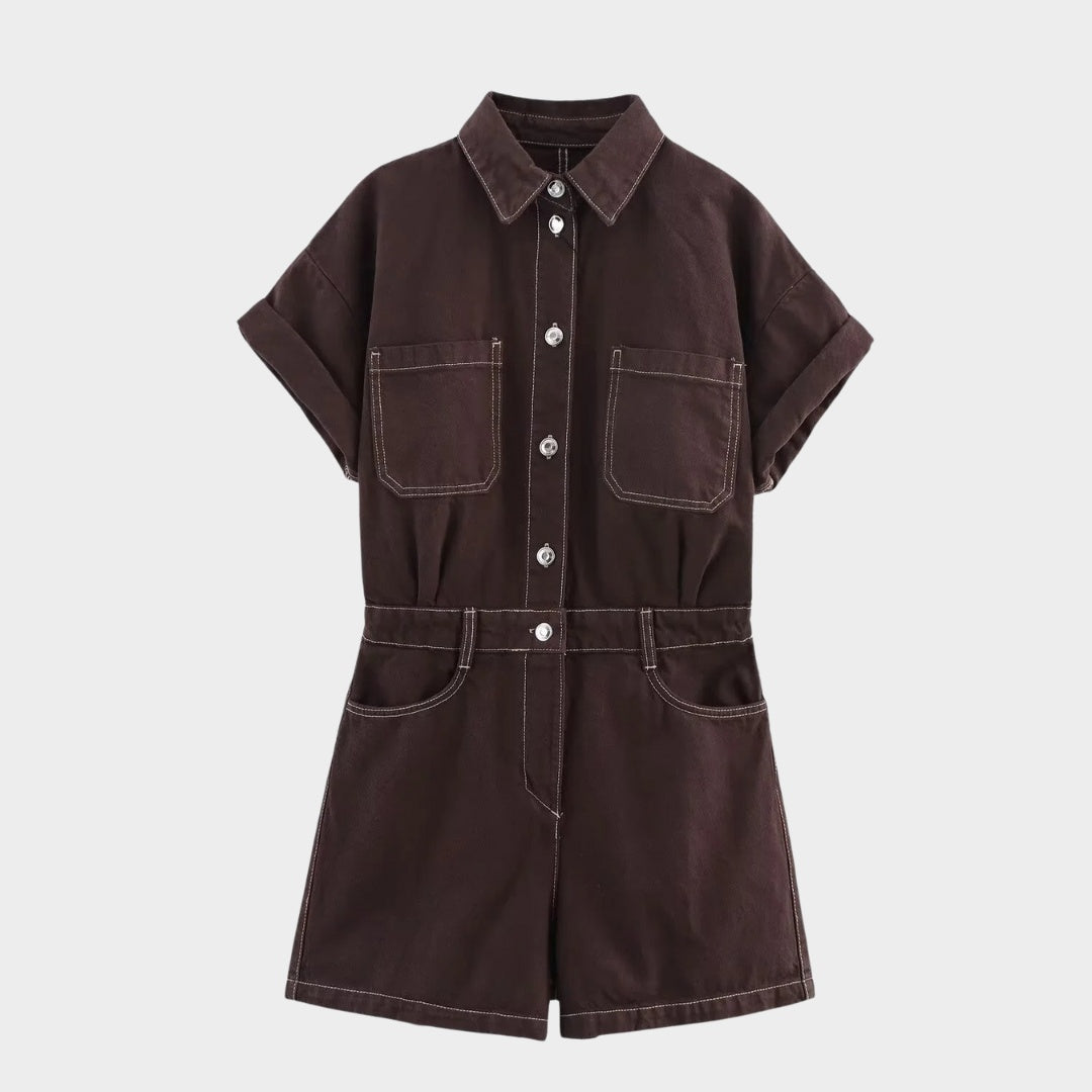 Kortärmad jeansjumpsuit med skjortkrage och hög midja