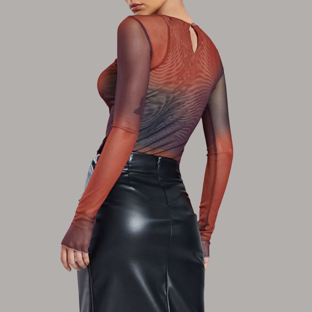 Transparent långärmad mesh-topp i ombrétoner med kroppsnära passform