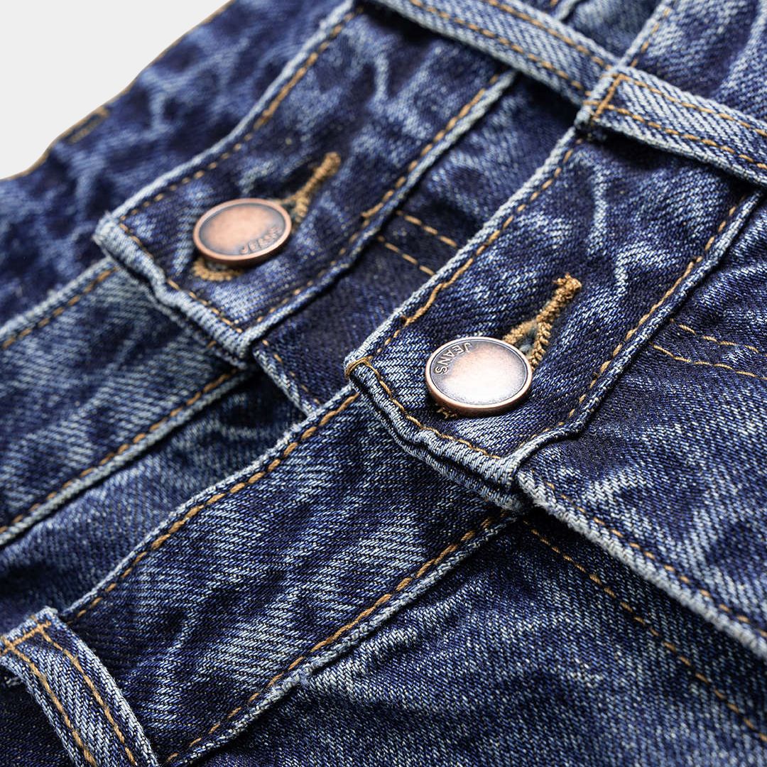 Denimbyxor med dubbel midja och exponerade rutiga flanellfickor