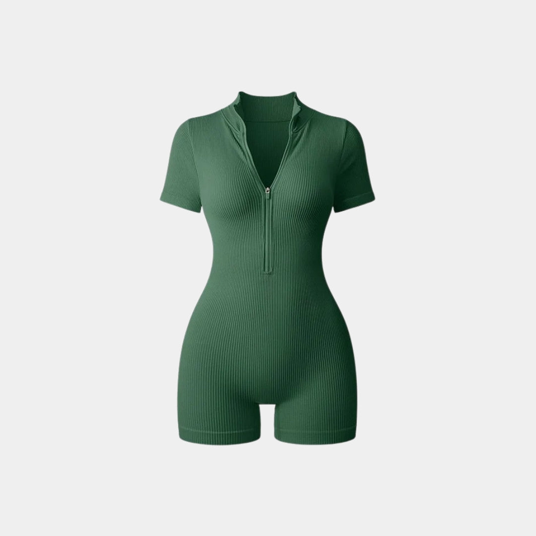 Ribbad one-piece med korta ärmar och ben samt midzip-dragkedja