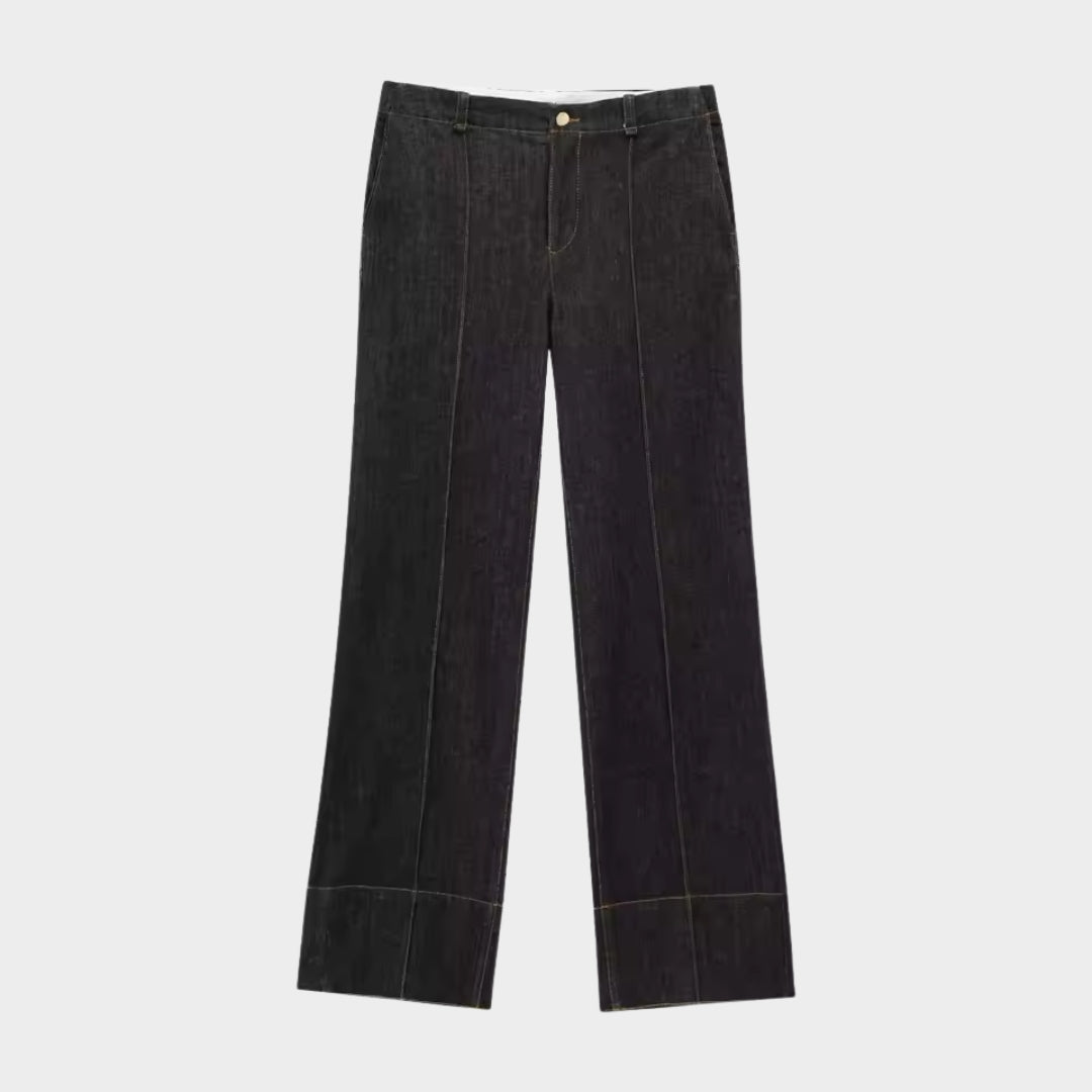 Tvådelad denimset med jacka enkel knäppning och vida byxor