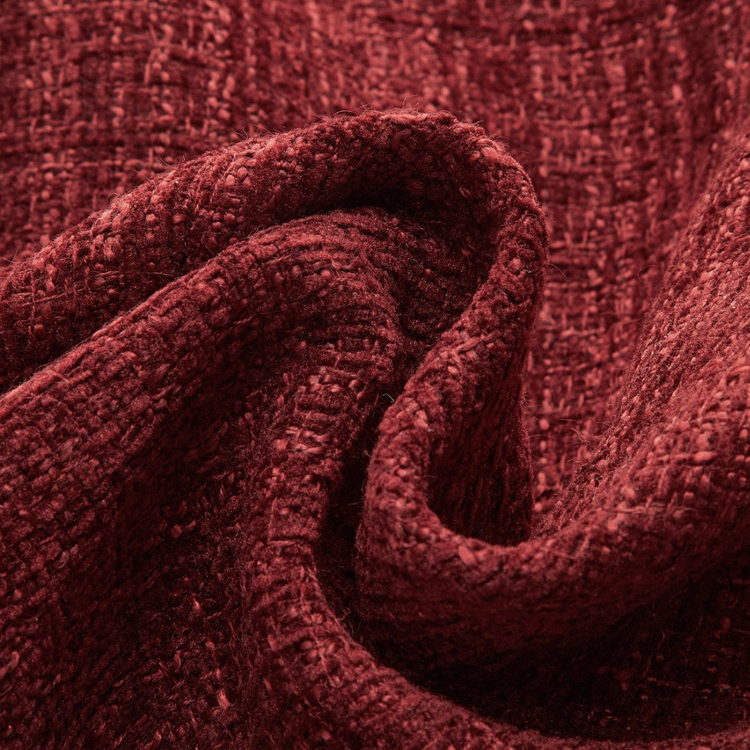 Kort vinröd tweedjacka med rund halsringning och dekorativa guldknappar