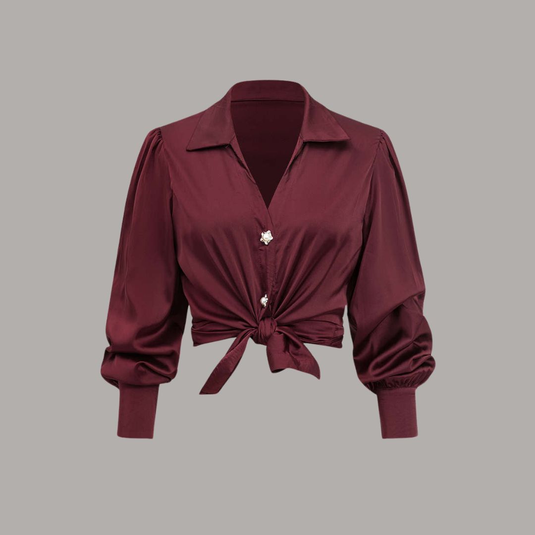 Elegant satinskjorta med pärlknappar och avtagbart knyt, bär som klassisk blus eller trendig topp