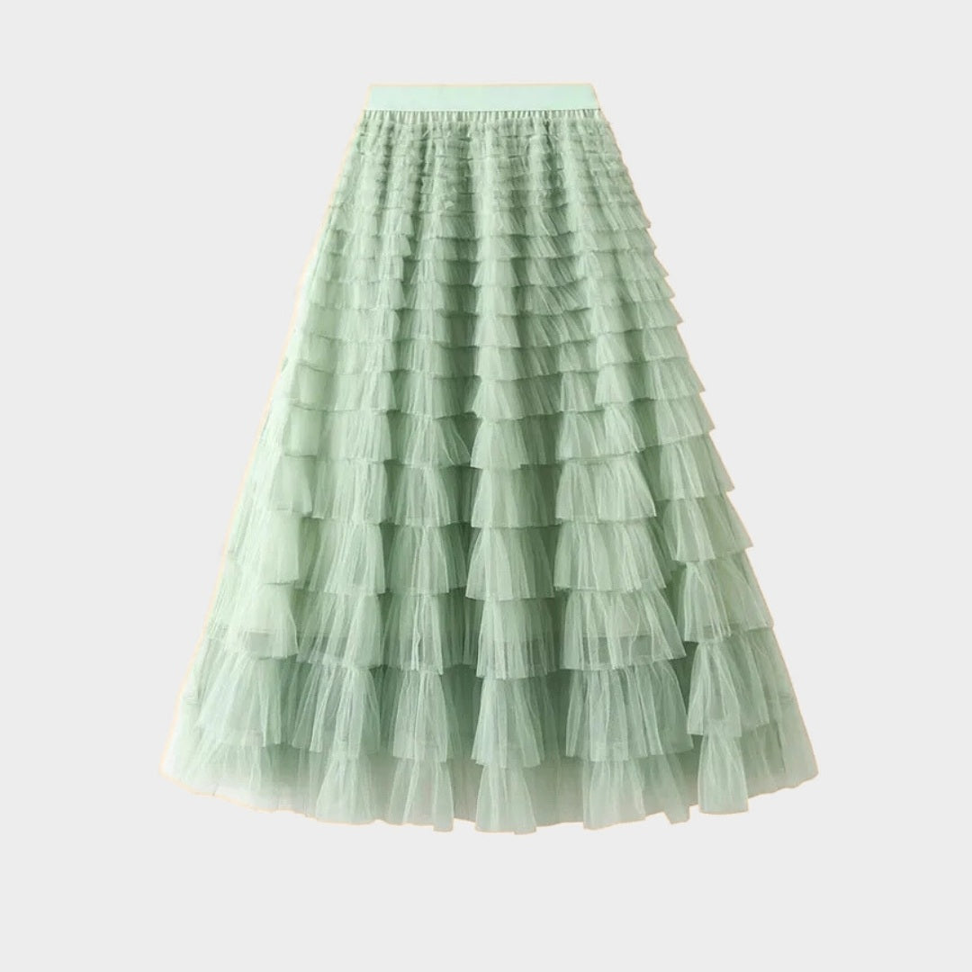 Kjol i mesh med plisserade lager naturlig midja och avslappnad passform