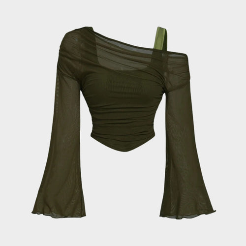 Asymmetrisk blus med en axel och klockärm