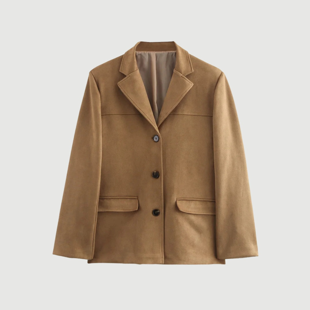 Oversized brun jacka i mockastruktur med knappar och slagkrage