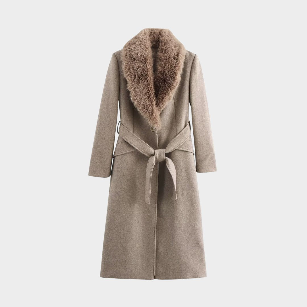 Lång kappa med fuskpälskrage midjebälte och knäppning