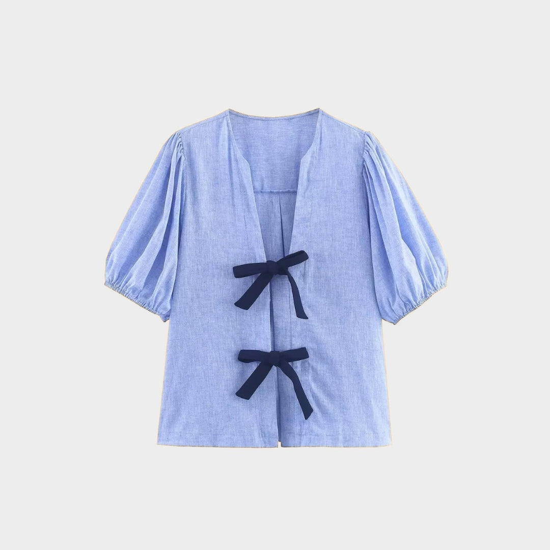 Blus med puffärm och knytband framtill i vävt tyg