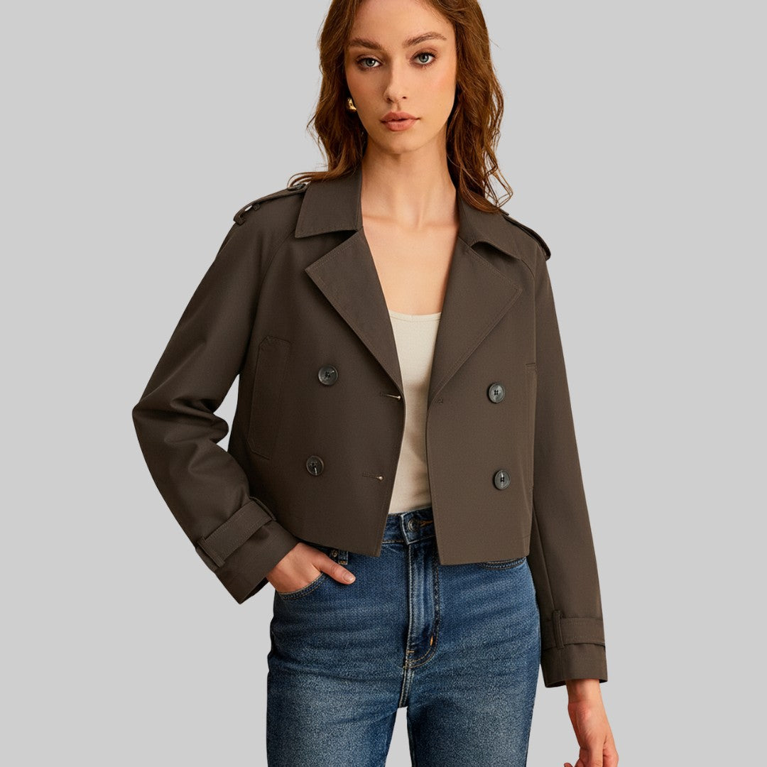 Kort Mörkbrun dubbelknäppt trenchjacka