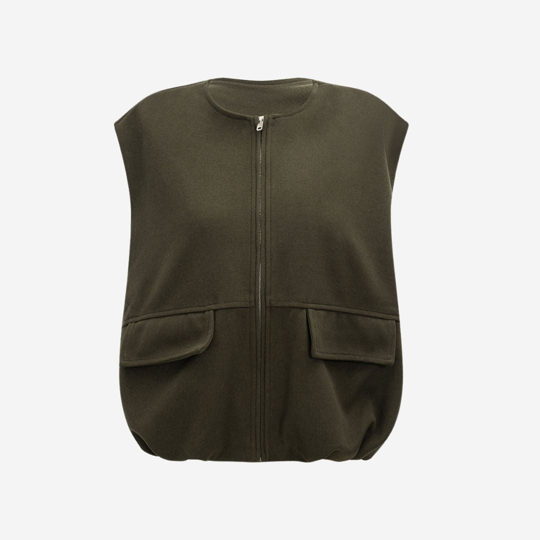 Mörkgrön ärmlös jackväst i strukturerat tyg med dragkedja och ficklock för dam