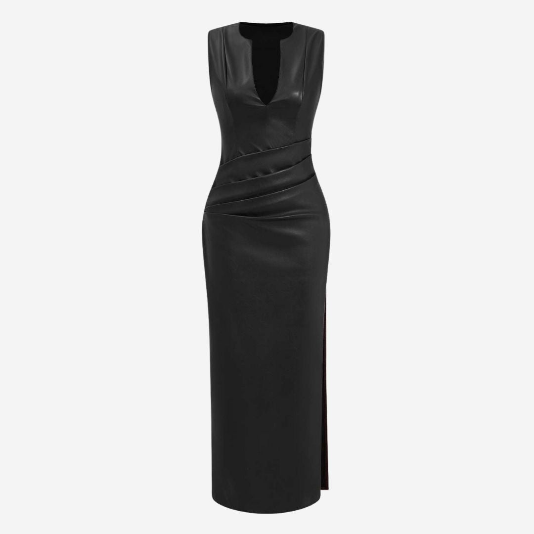 Ärmlös midiklänning i fuskläder med nyckelhålsringning draperad midja och slits