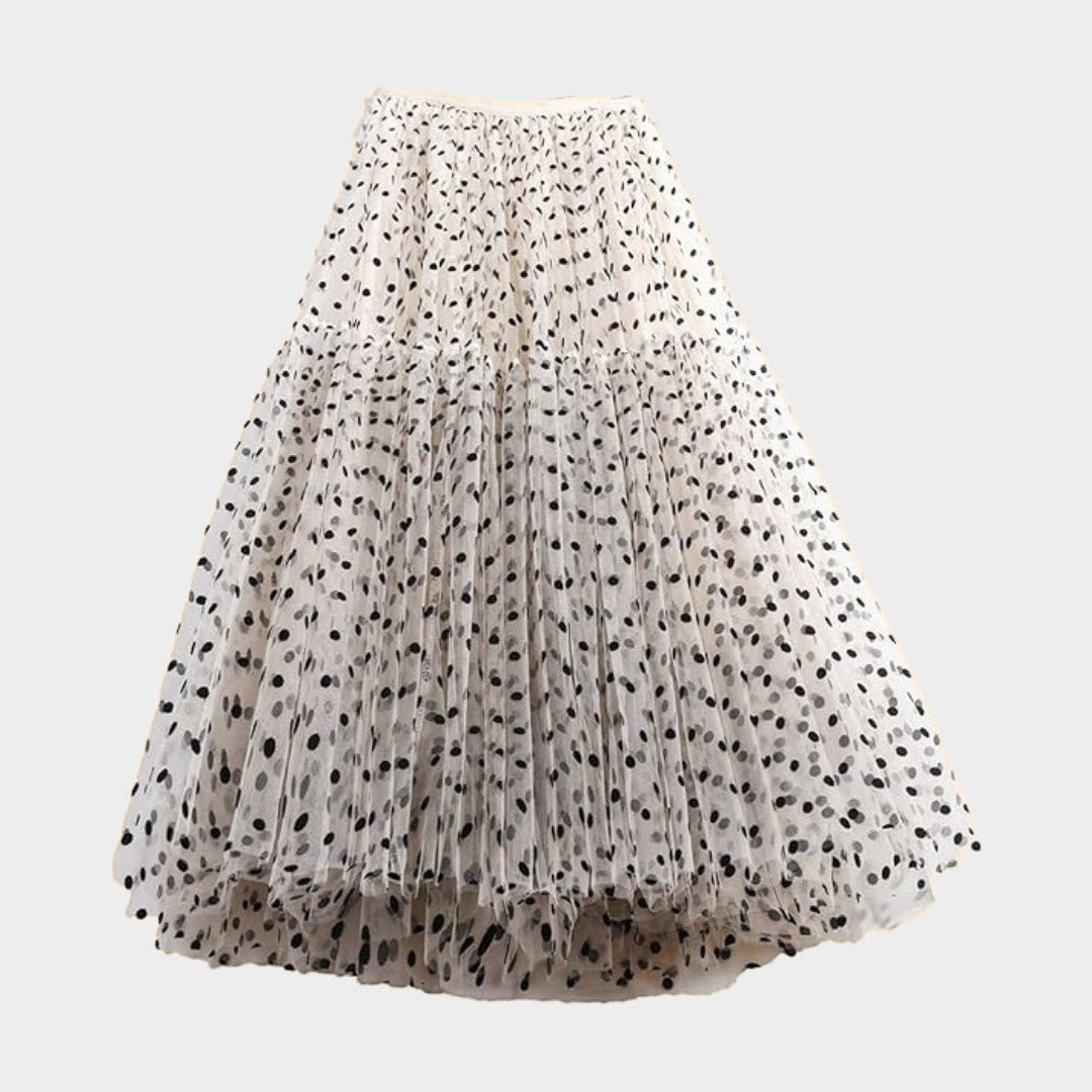 Kjol i tyll med prickmönster empiremidja A-linje silhuett och ankellängd