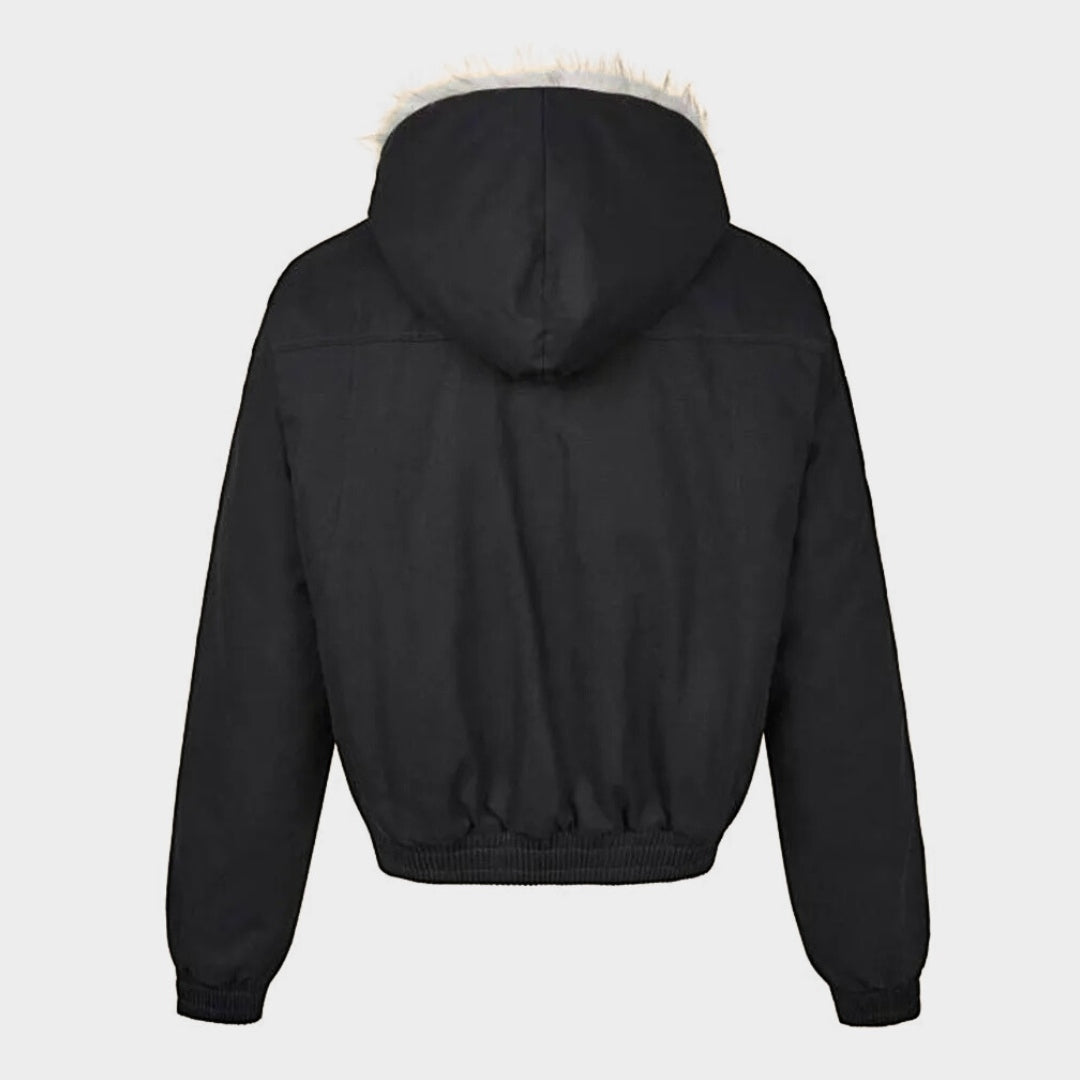 Jacka i bomberstil med huva fuskpälsfoder dragkedja och resårkant