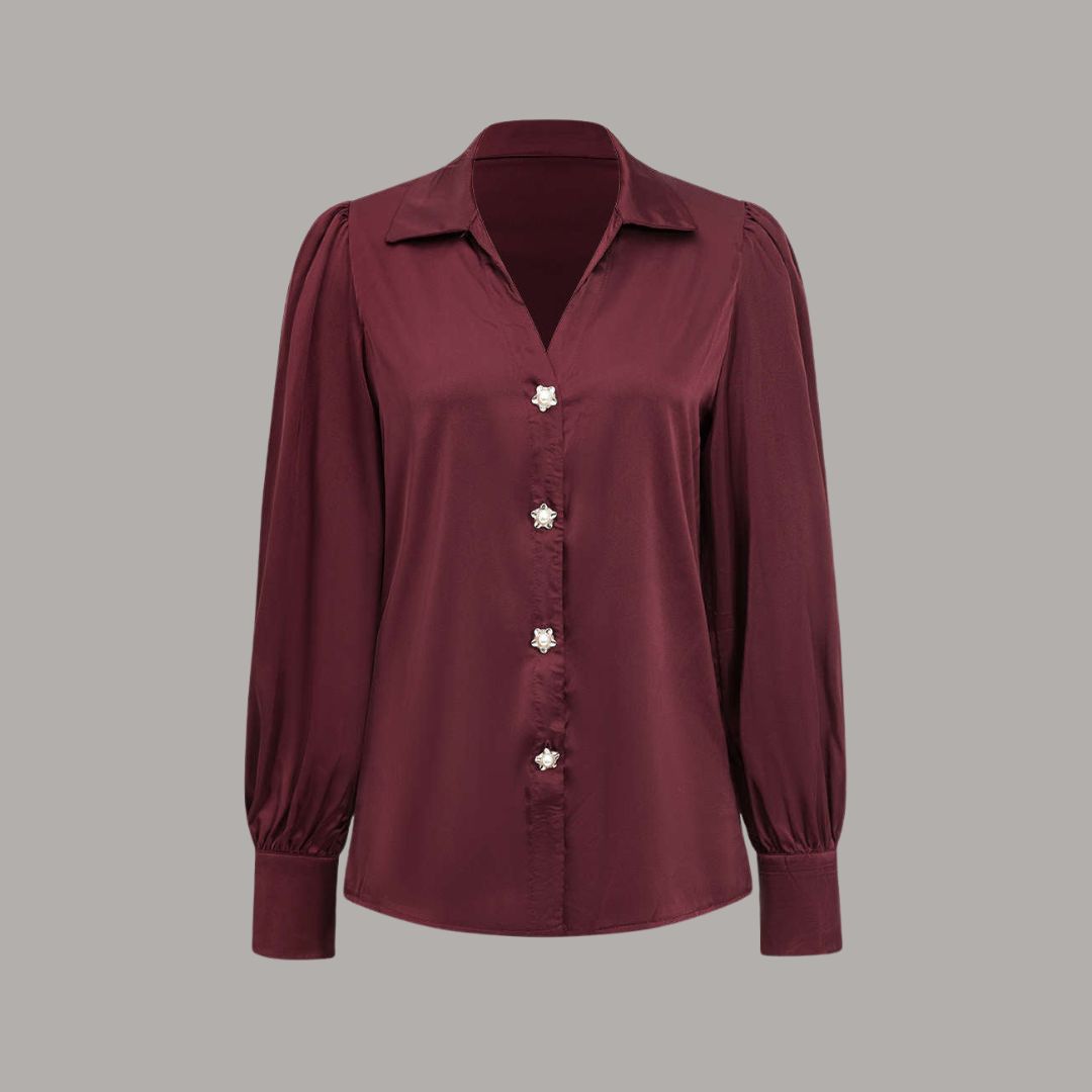 Elegant satinskjorta med pärlknappar och avtagbart knyt, bär som klassisk blus eller trendig topp