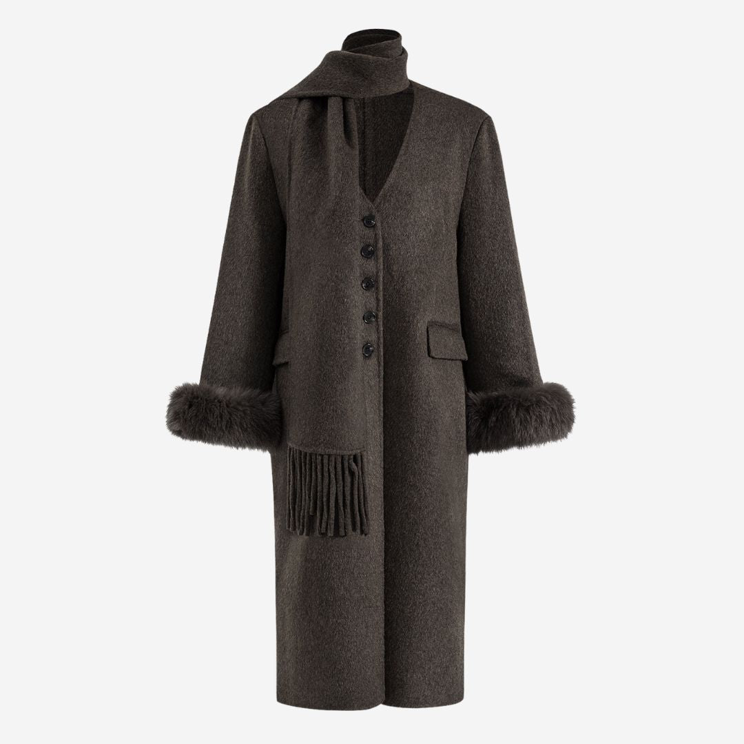 Mörkbrun lång ullkappa med avtagbar halsduk och fuskpälskantade ärmar