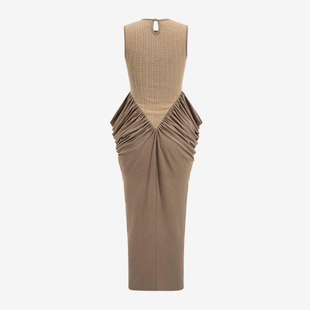 Midiklänning med stickad överdel och draperad kjol i stretchtyg med ärmlös skärning