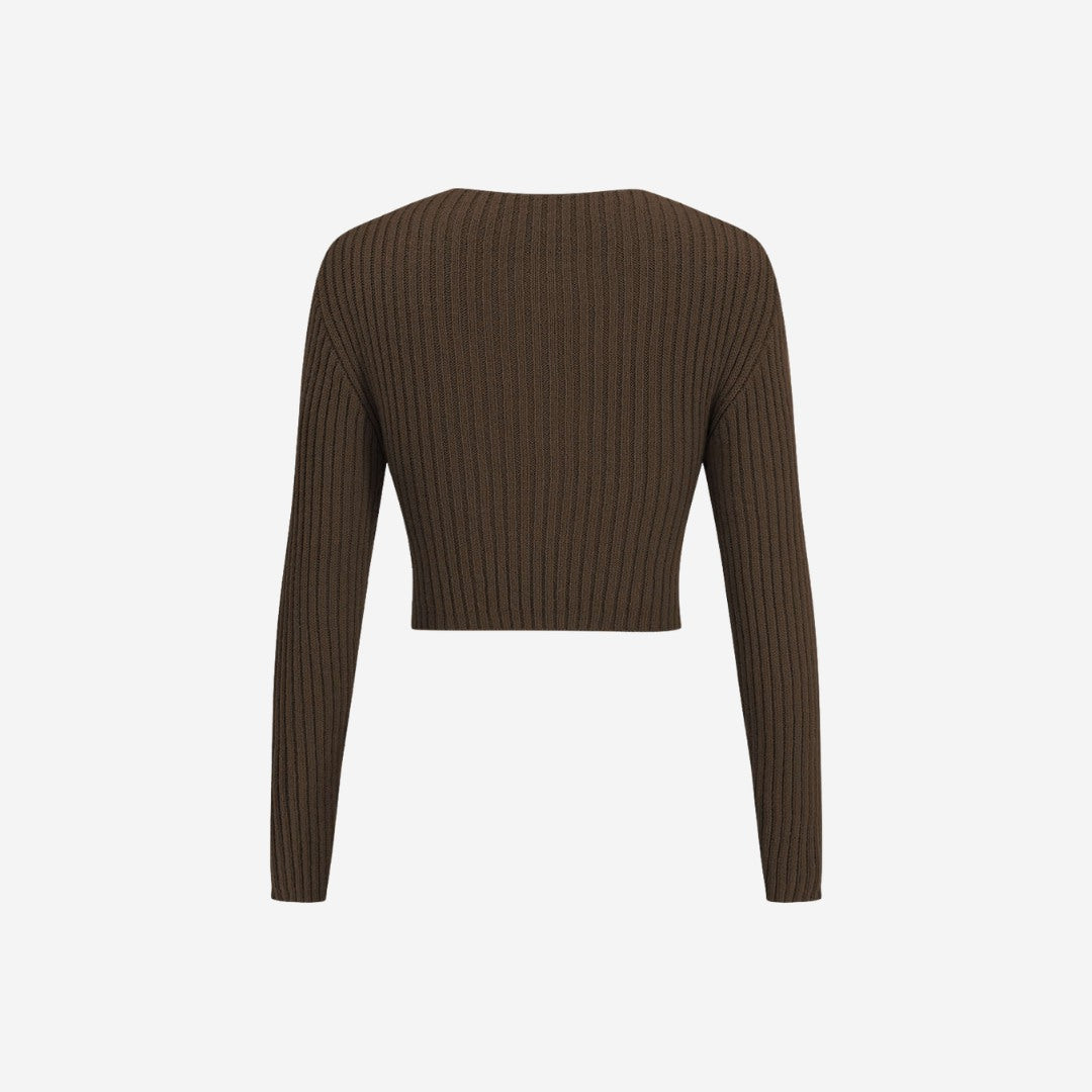 Korsad Ribbstickad Topp Långärmad Mjuk Bomull Detalj