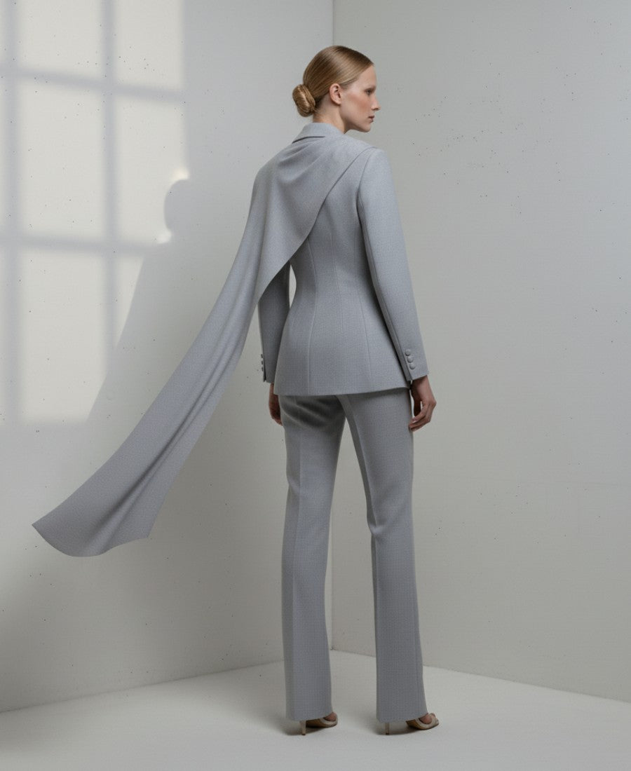 Grå Skräddarsydd Kavaj med Draperad Scarfdetalj och Figursydd Silhuett