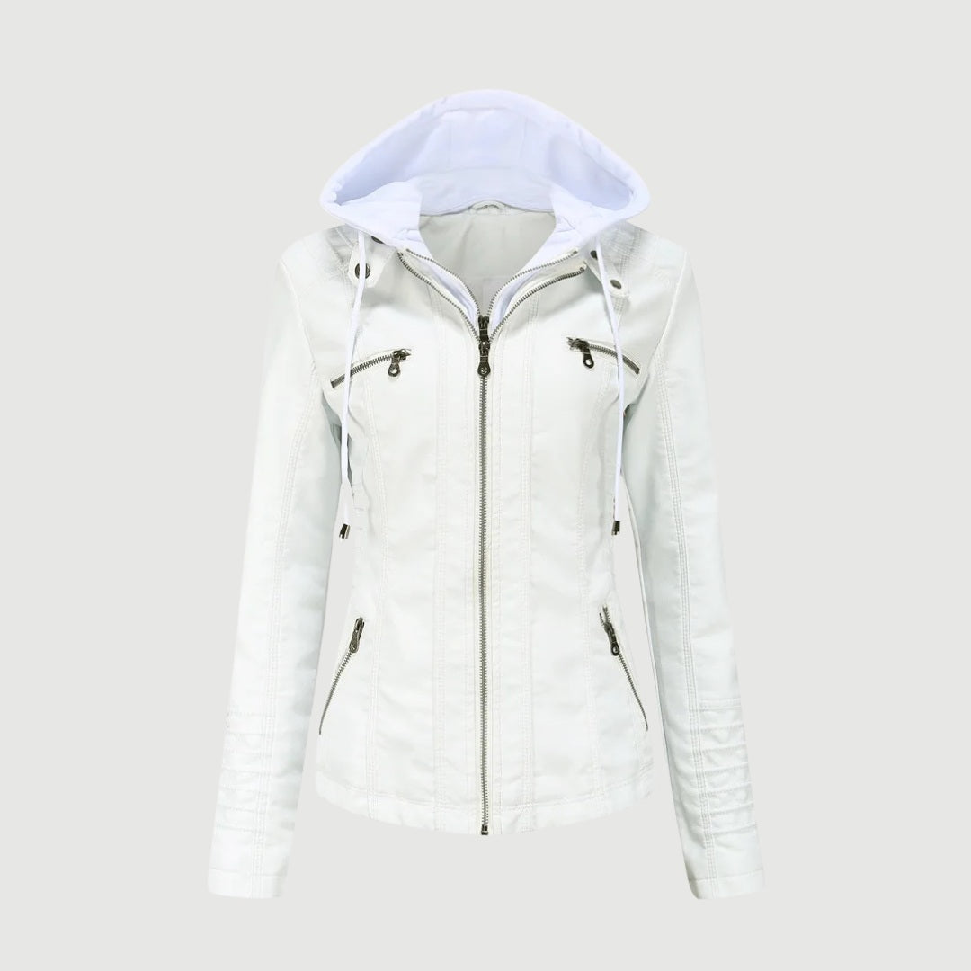 Jacka i skinnimitation med avtagbar huva och bikerstil
