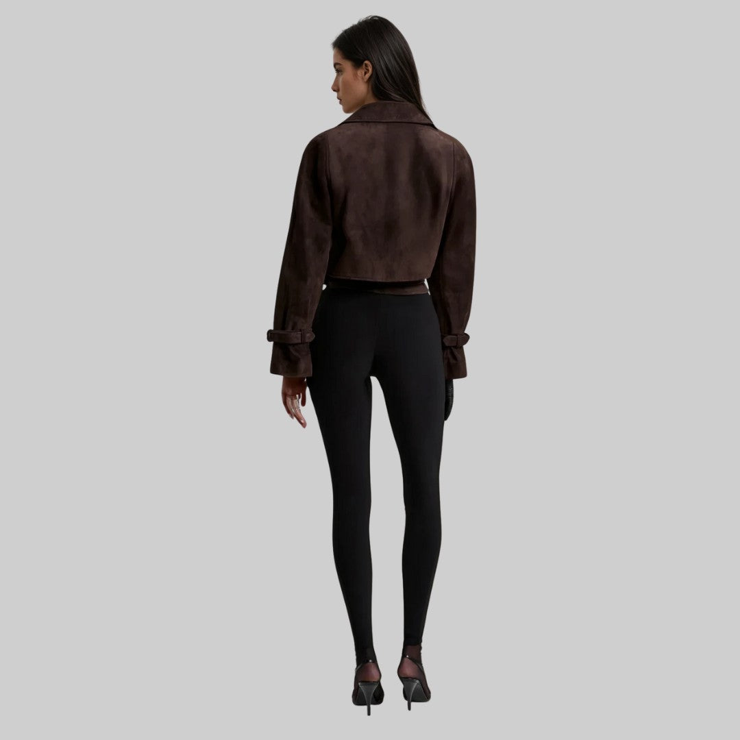 Kort Morkbrün Mockajacka med Krage och Spänndetaljer