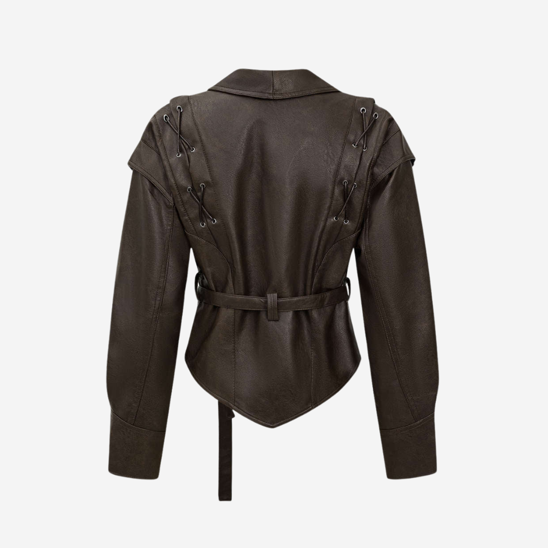 Kort breda axlar oversized jacka i veganskt läder med snörningsdetaljer och knytskärp