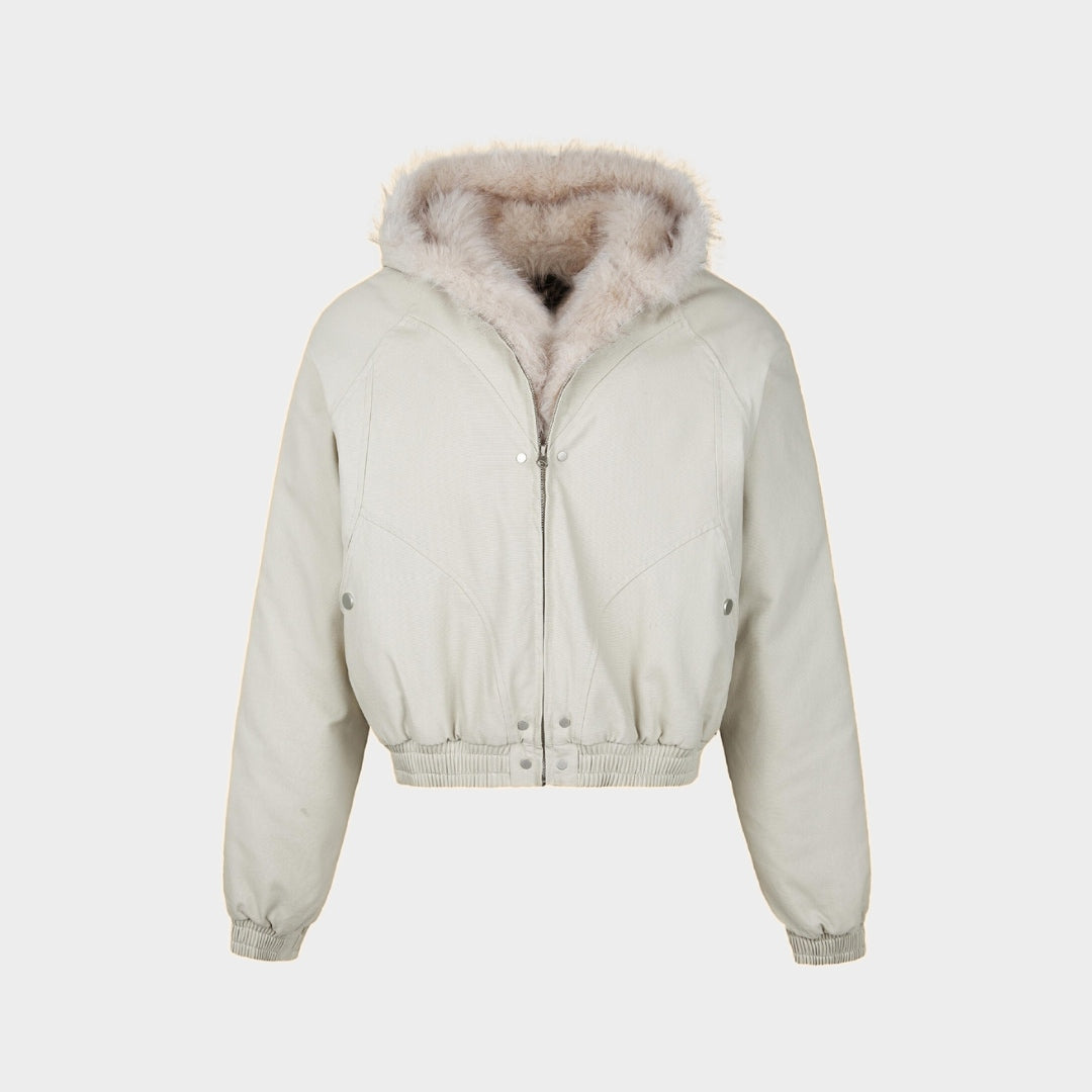 Jacka i bomberstil med huva fuskpälsfoder dragkedja och resårkant
