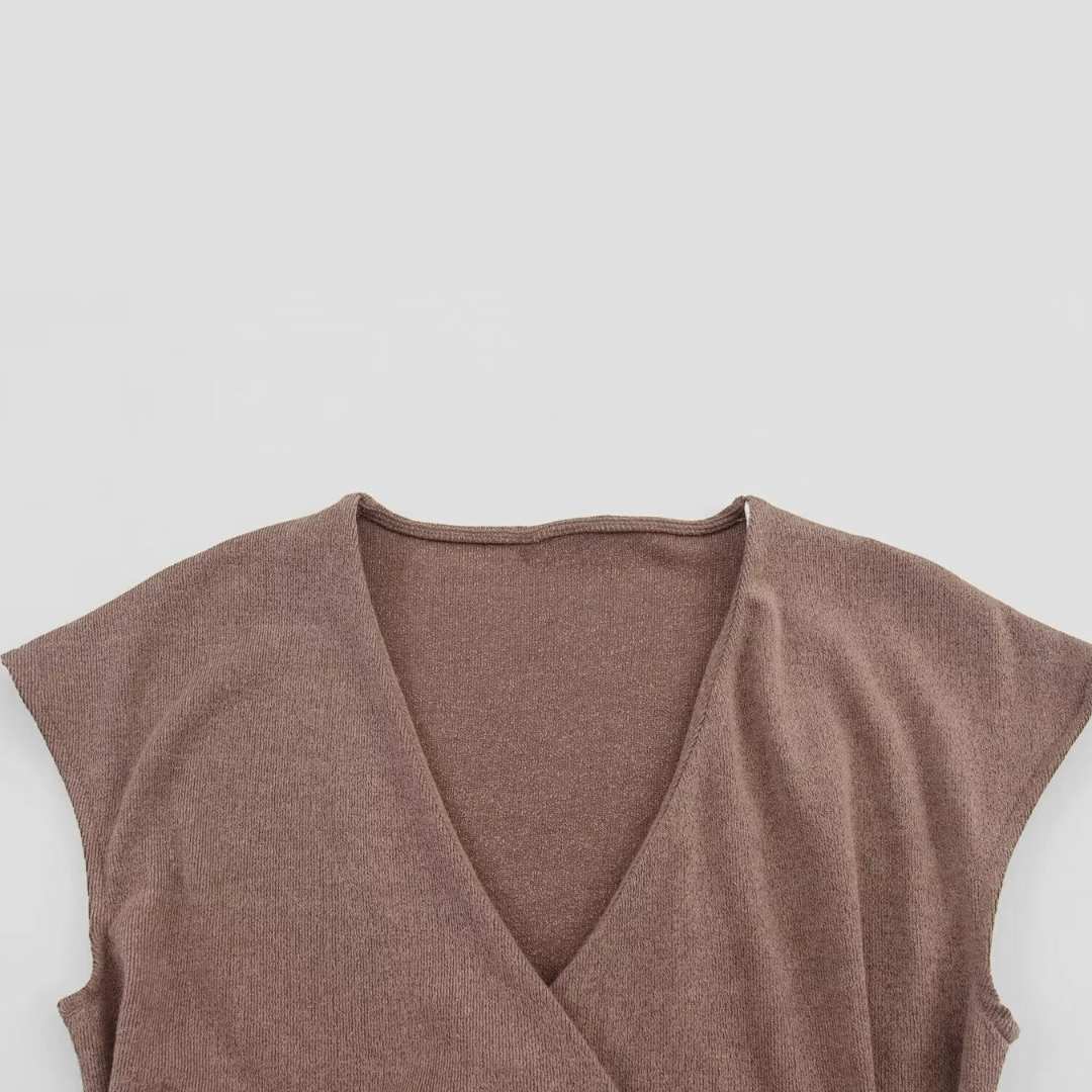 Brun Tvådelat set med omlottopp och vida byxor i stretchigt trikåmaterial