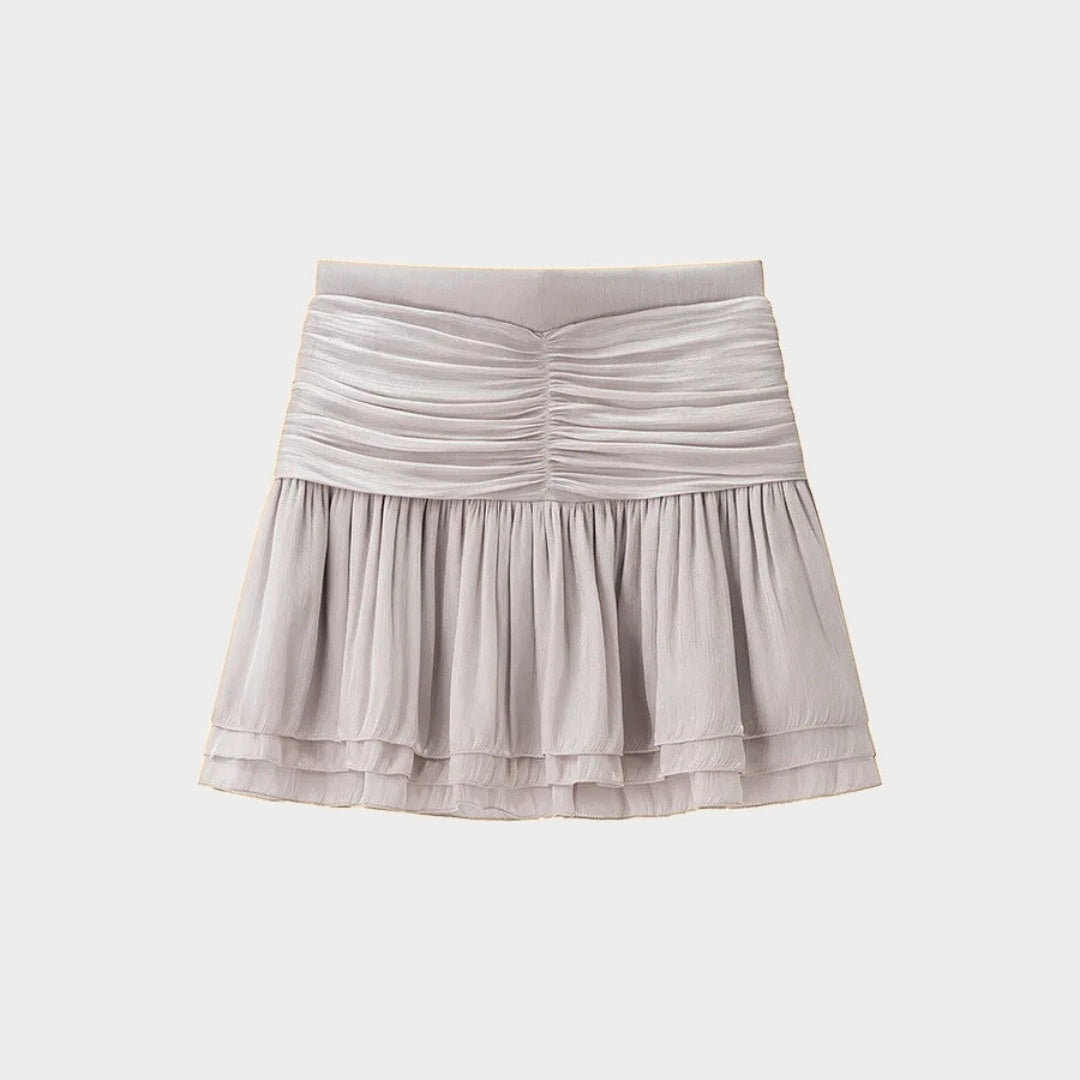 Grå blus med knytband och långa ärmar samt veckad lagerkjol set