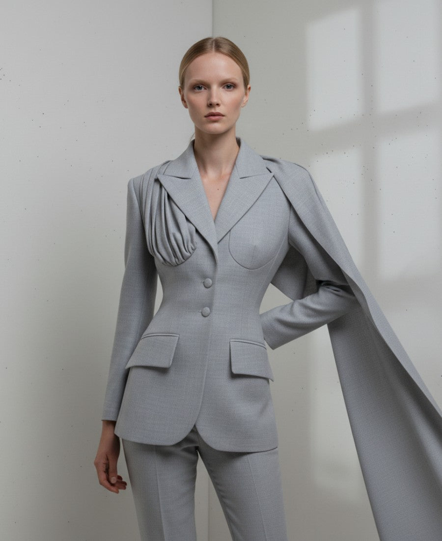 Grå Skräddarsydd Kavaj med Draperad Scarfdetalj och Figursydd Silhuett