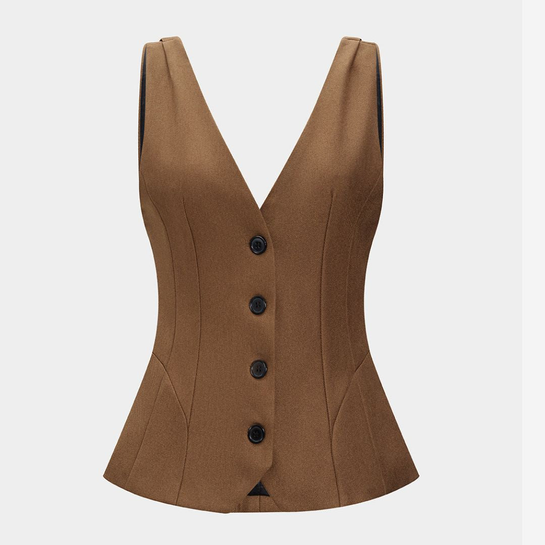 Chokladbrun ärmlös twillväst med v-ringning och knappar