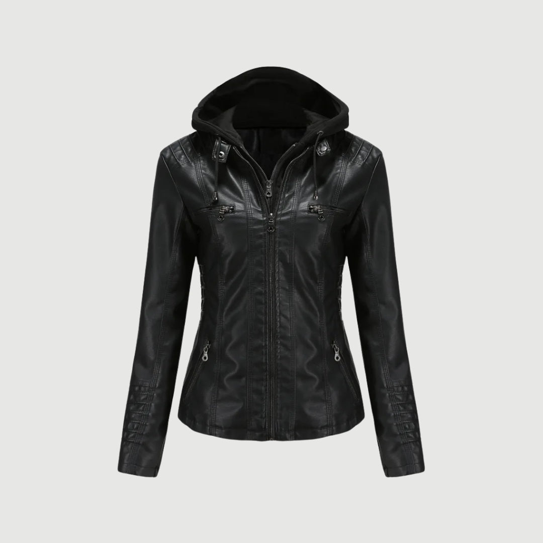 Jacka i skinnimitation med avtagbar huva och bikerstil
